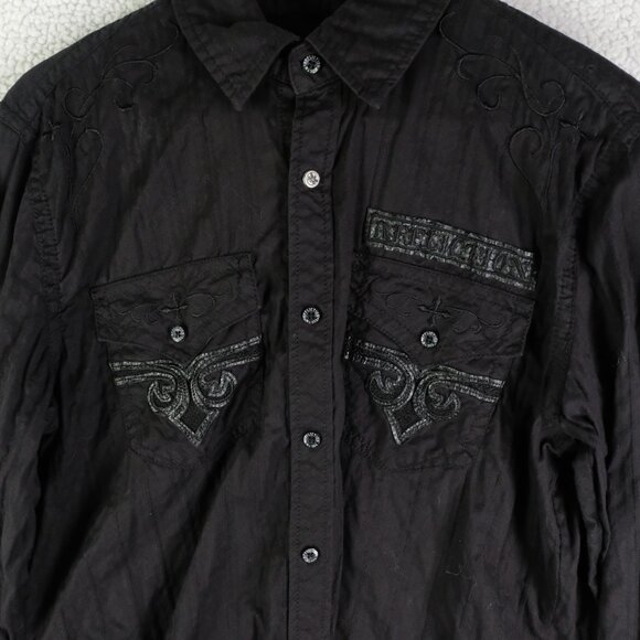 Affliction Shirt Mens Medium Black Button Up Gothic Embroidered Premium Retro - Picture 2 of 10